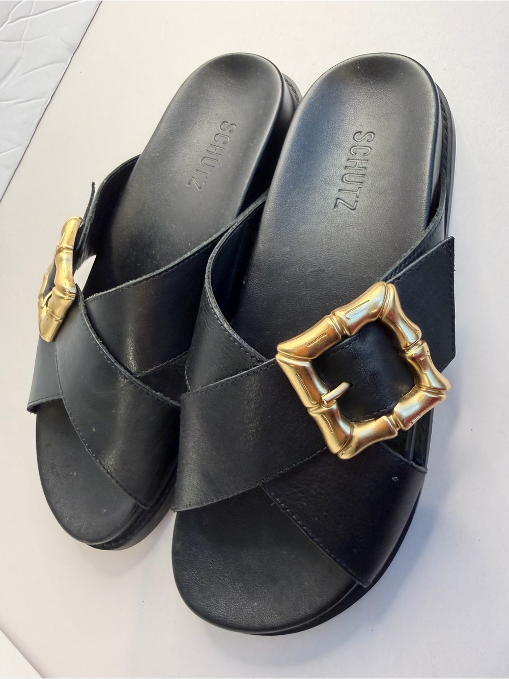 Schutz Ebola Black Leather Slide Sandals with Gold Bamboo Buckle size 8 - Picture 3 of 12